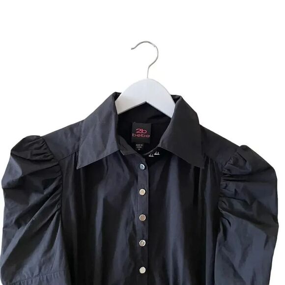 Bebe Black Puff Sleeves Silver Button Down Shirt SZ M - Picture 2 of 12